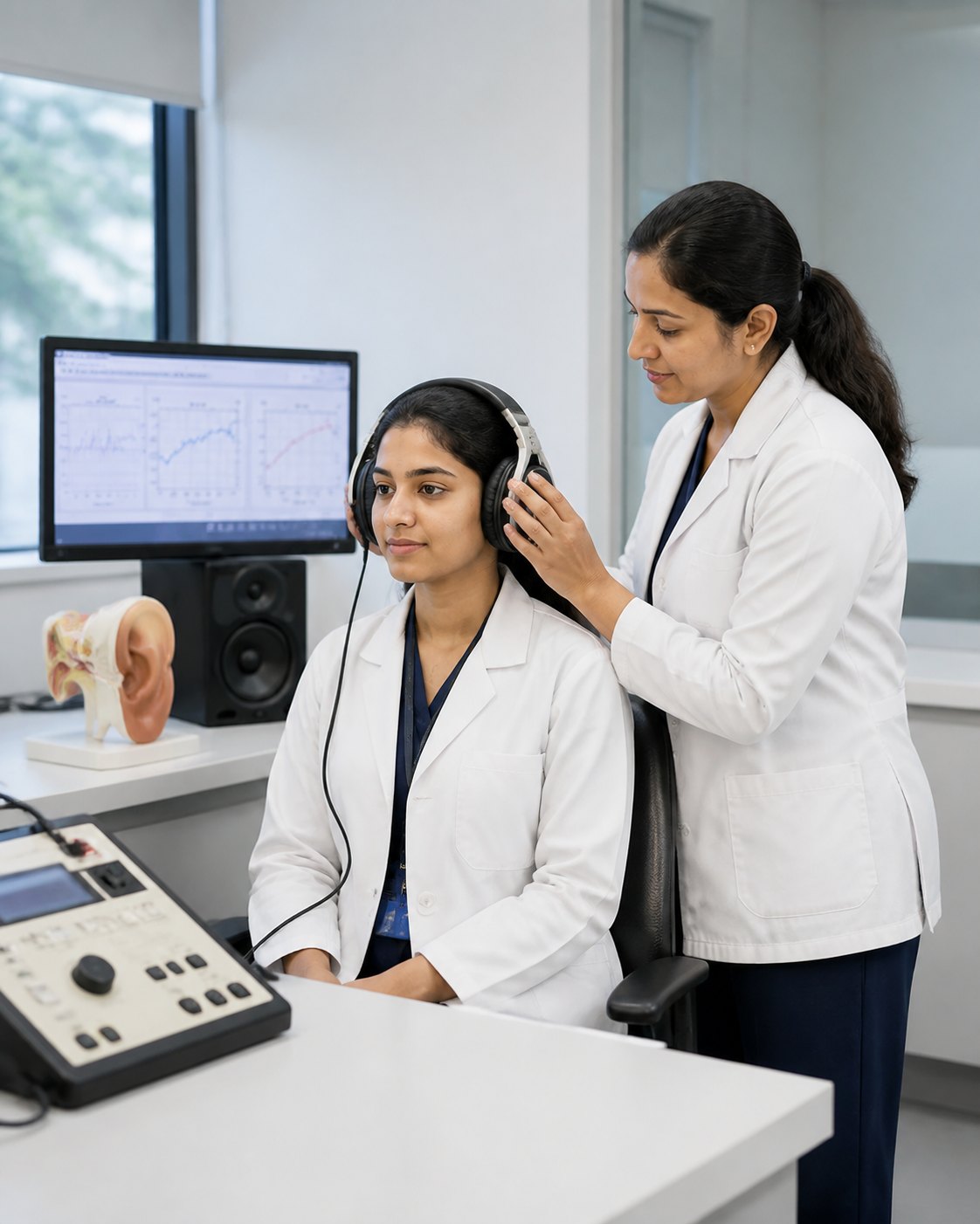 A student runs a hearing test in a sound-treated audiology lab while her supervisor adjusts the headphones.